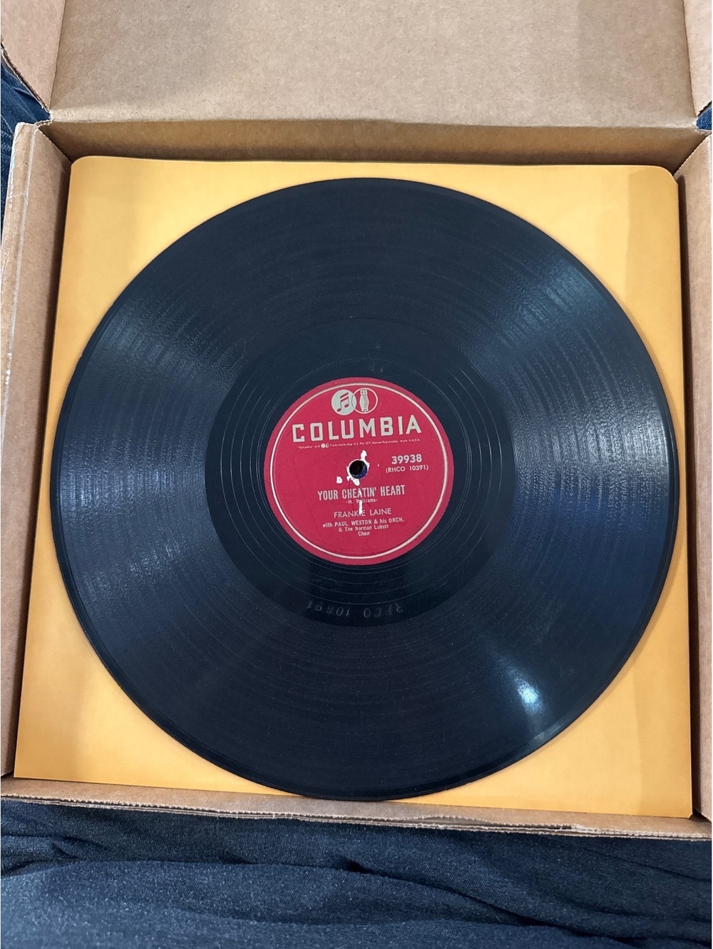 Columbia 78 RPM Vinyl Record Featuring Frankie Laine - Your Cheatin' Heart / I,